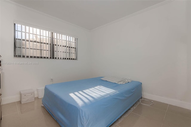 tiled bedroom with crown molding