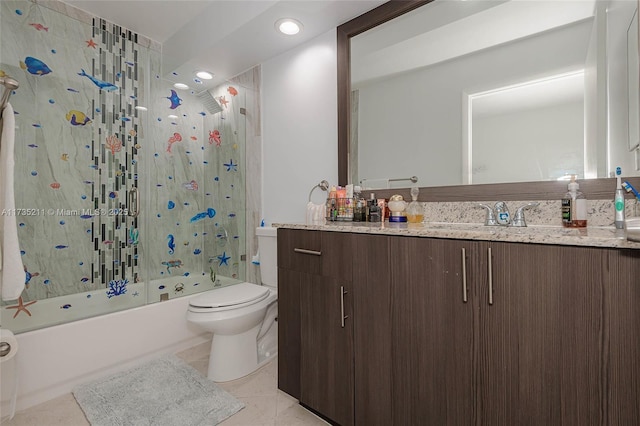 full bathroom with vanity, tile patterned floors, shower / bath combination with glass door, and toilet