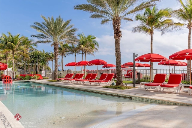 view of swimming pool with a patio