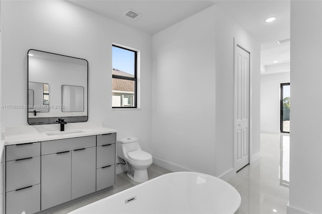 bathroom with a healthy amount of sunlight, toilet, a bathtub, and vanity