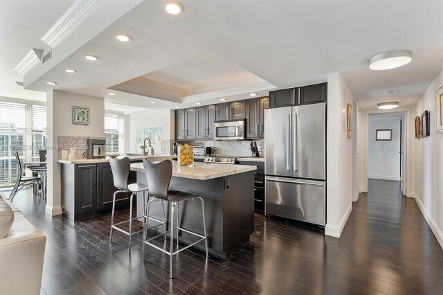 800 Parkview Dr Unit 1014, Hallandale Beach, FL 33009 - kitchen featuring dark wood-style flooring, stainless steel appliances, backsplash, and a raised ceiling