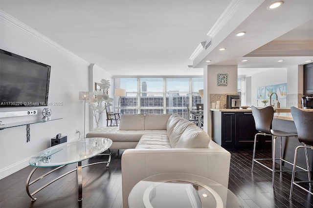 living room featuring ornamental molding, dark hardwood / wood-style floors, sink, and floor to ceiling windows