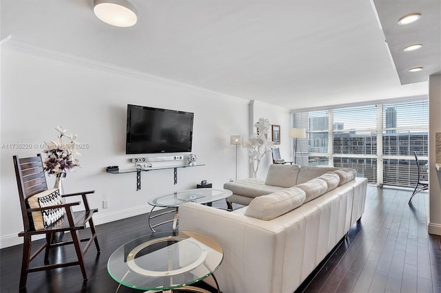 living room featuring crown molding, dark hardwood / wood-style flooring, and a wall of windows