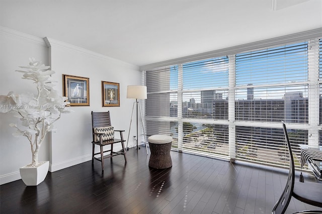 sitting room with floor to ceiling windows, ornamental molding, and dark hardwood / wood-style floors