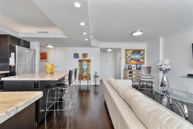 800 Parkview Dr Unit 1014, Hallandale Beach, FL 33009 - living room featuring ornamental molding, dark wood-style flooring, recessed lighting, and visible vents