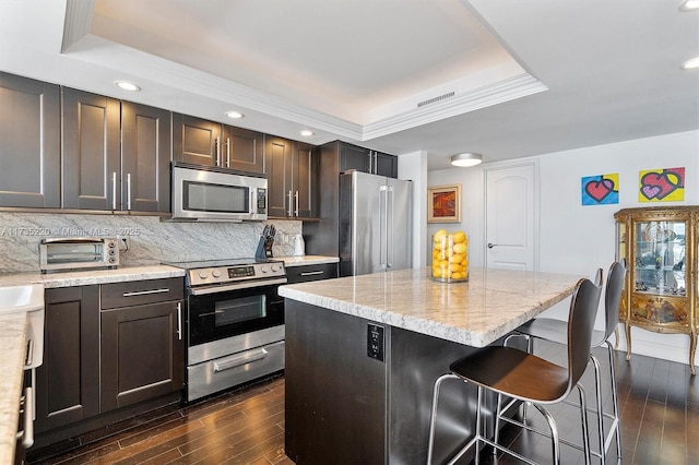 kitchen with light stone counters, a tray ceiling, dark wood-type flooring, and appliances with stainless steel finishes