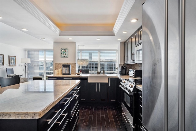 kitchen with sink, crown molding, dark wood-type flooring, appliances with stainless steel finishes, and a tray ceiling