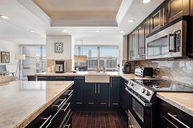 kitchen with sink, a tray ceiling, ornamental molding, and stainless steel appliances