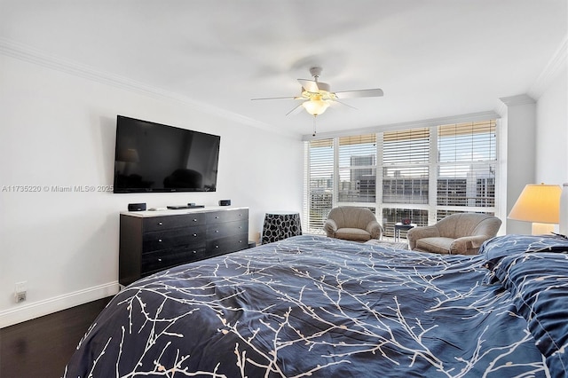 800 Parkview Dr Unit 1014, Hallandale Beach, FL 33009 - bedroom with baseboards, ornamental molding, ceiling fan, and wood finished floors