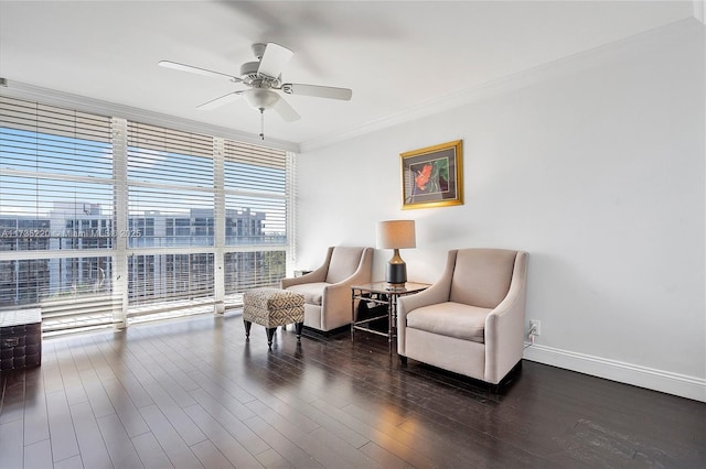 800 Parkview Dr Unit 1014, Hallandale Beach, FL 33009 - living area featuring crown molding, baseboards, ceiling fan, and wood finished floors