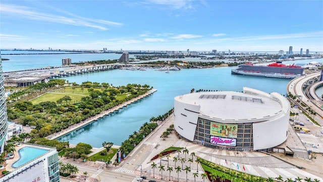 drone / aerial view with a water view