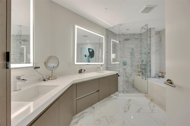 bathroom with vanity and plus walk in shower