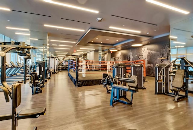 gym featuring hardwood / wood-style floors