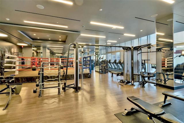 workout area with light hardwood / wood-style flooring