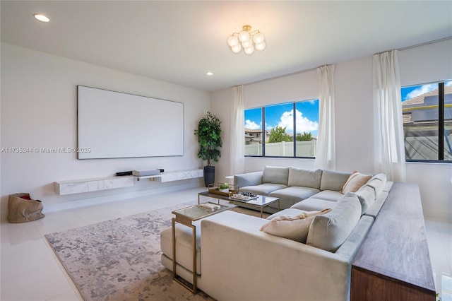 home theater featuring light tile patterned floors