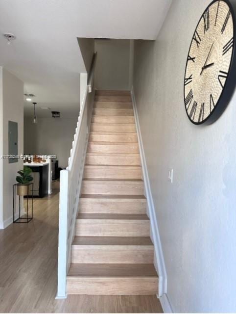 staircase featuring hardwood / wood-style flooring and electric panel