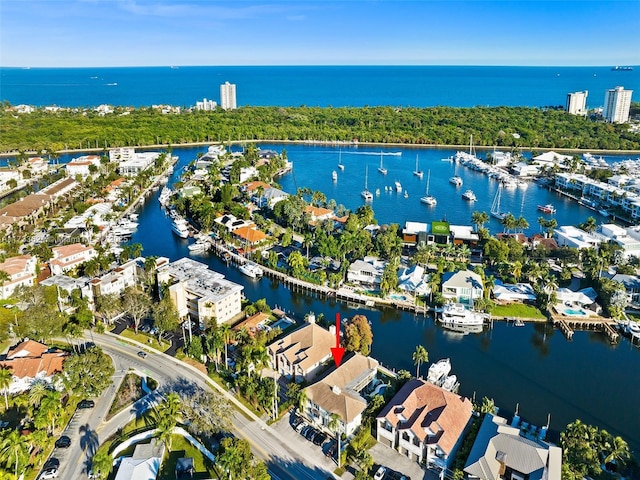 drone / aerial view featuring a water view