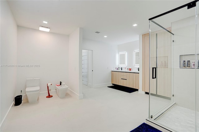 bathroom featuring vanity, toilet, and an enclosed shower