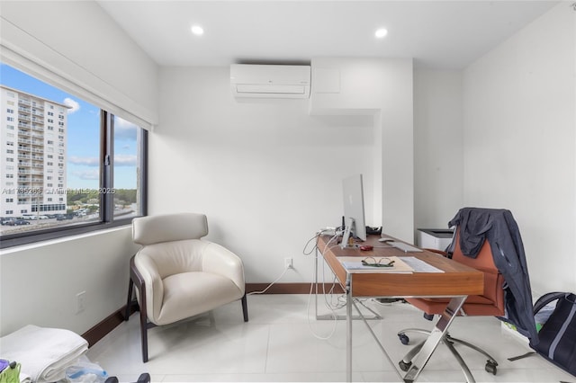 office space featuring light tile patterned flooring and a wall mounted air conditioner