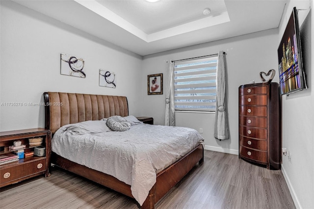 bedroom with wood-type flooring and a tray ceiling