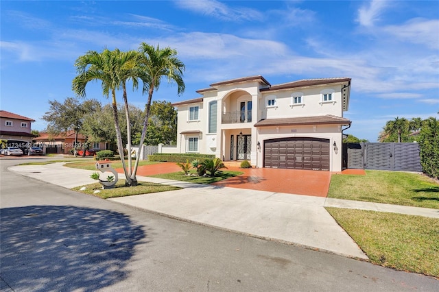 mediterranean / spanish-style house with a garage and a front lawn