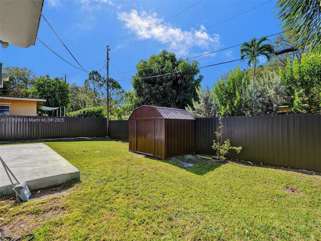 view of yard with a patio and a storage unit