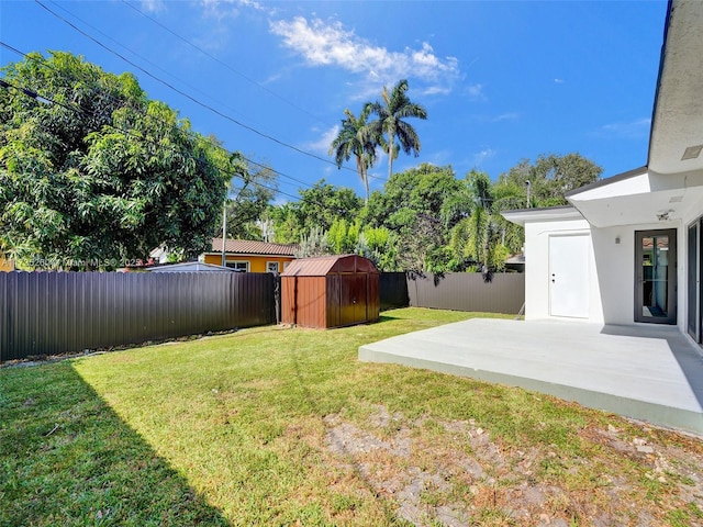 view of yard with a patio area and a storage unit