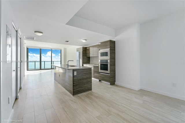 kitchen with sink, light hardwood / wood-style floors, appliances with stainless steel finishes, and a center island with sink