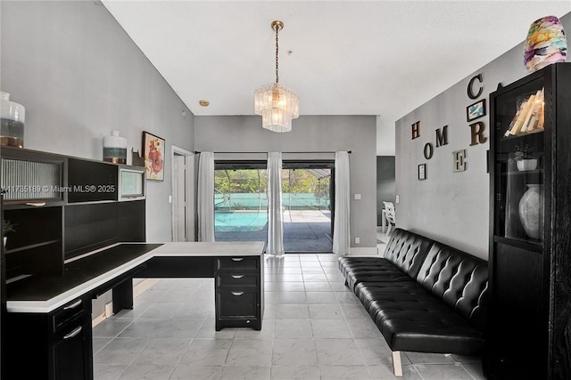 office area featuring light tile patterned floors and a notable chandelier