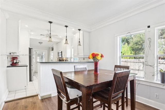 dining room with ornamental molding, ceiling fan, and light hardwood / wood-style flooring