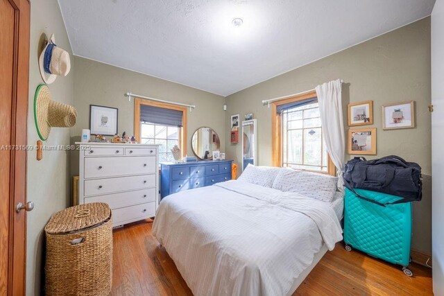 bedroom featuring multiple windows and light hardwood / wood-style floors