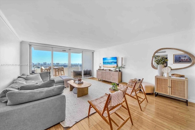 living room featuring hardwood / wood-style floors, crown molding, and expansive windows