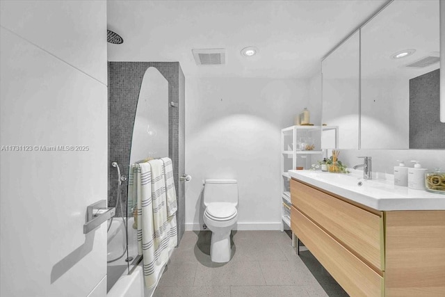 full bathroom featuring toilet, vanity, and bathtub / shower combination