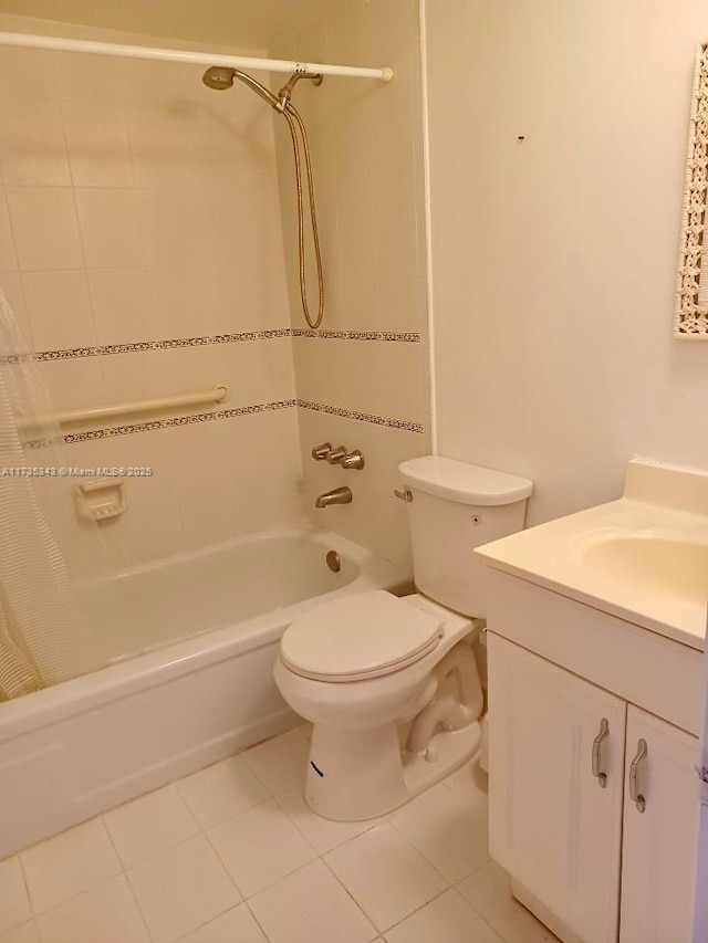 full bathroom featuring vanity, shower / tub combo, tile patterned floors, and toilet