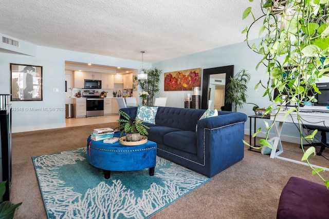 living room featuring carpet floors and a textured ceiling