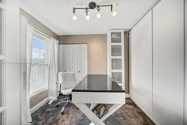 carpeted home office featuring track lighting and a textured ceiling