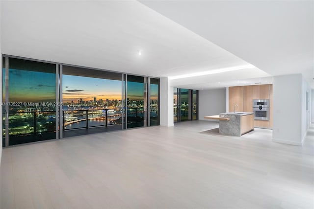 unfurnished living room featuring expansive windows, sink, and light hardwood / wood-style flooring