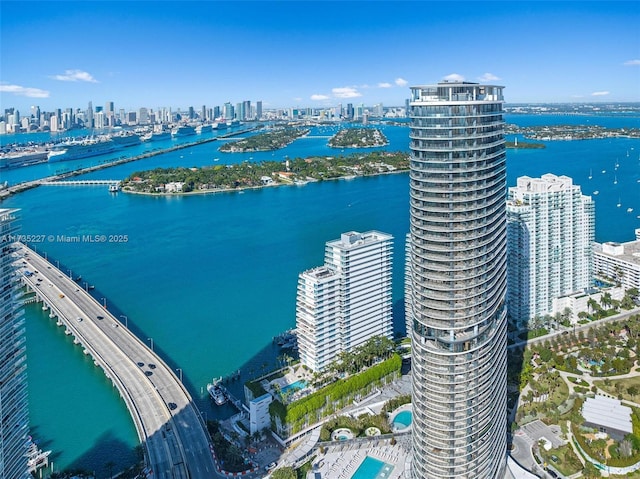 drone / aerial view featuring a water view