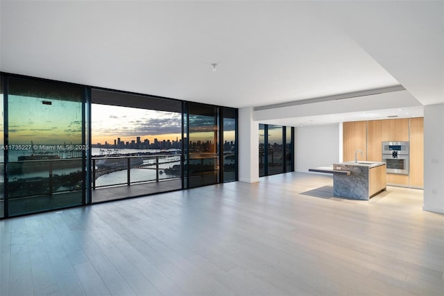 unfurnished living room with a wall of windows, sink, and light hardwood / wood-style floors