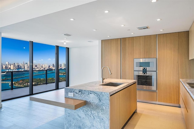 kitchen featuring a kitchen island with sink, sink, light stone counters, and a wall of windows