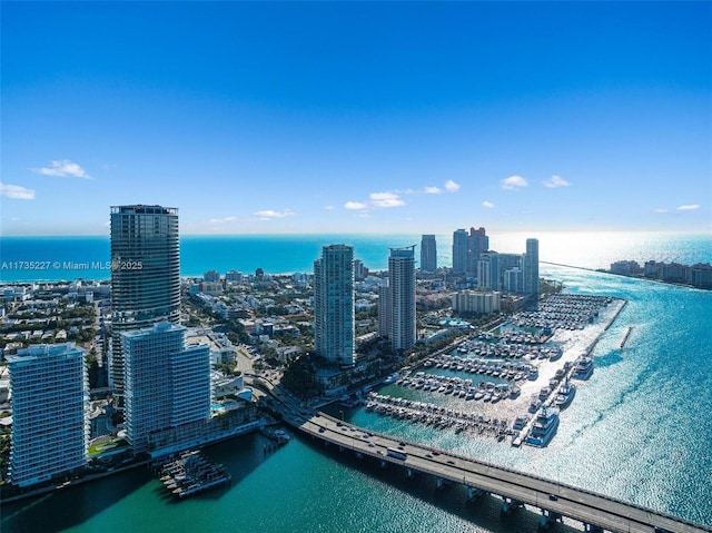 drone / aerial view with a water view