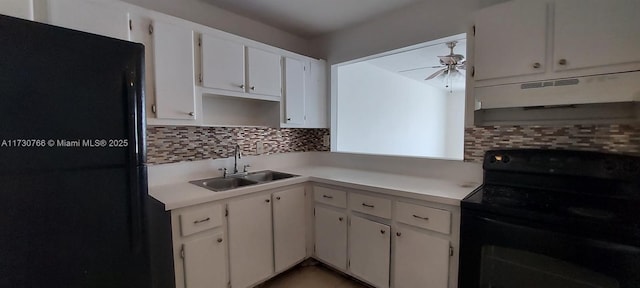 kitchen with tasteful backsplash, sink, white cabinets, ceiling fan, and black appliances