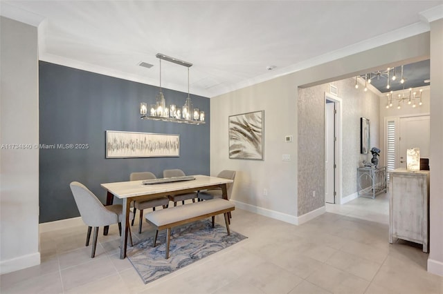 tiled dining room featuring ornamental molding and a notable chandelier