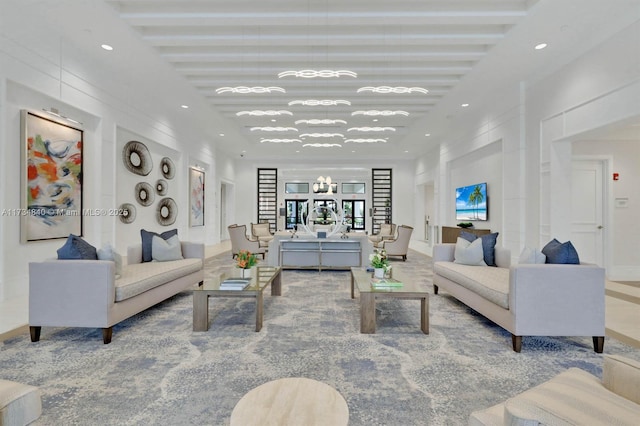 lobby with recessed lighting and beam ceiling