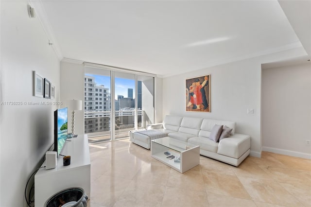 living room with crown molding and floor to ceiling windows