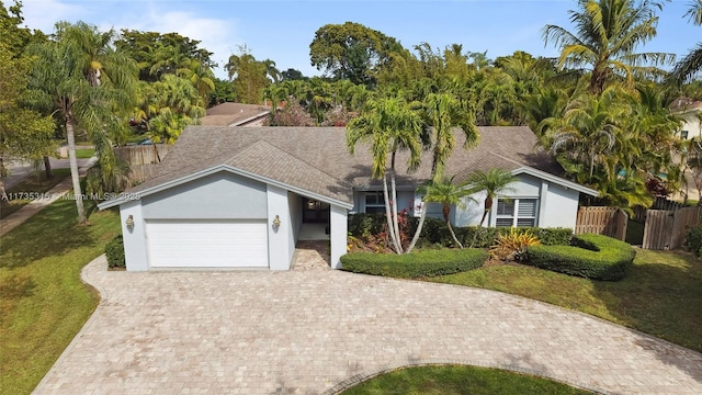 view of front of house with a garage and a front lawn