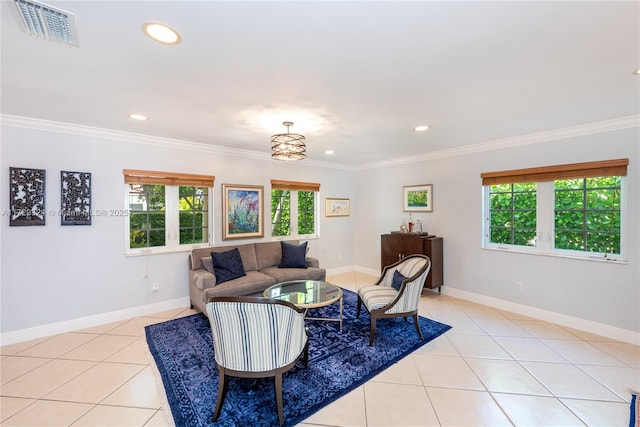 tiled living room with ornamental molding