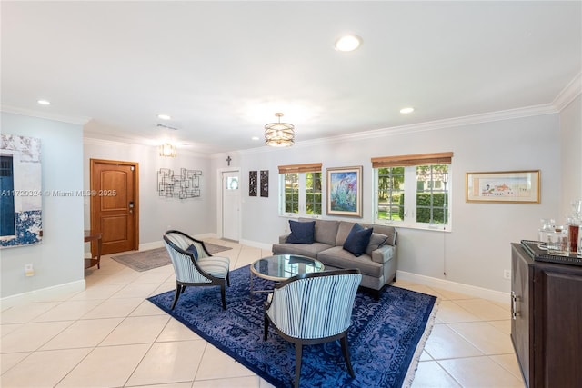 living room featuring crown molding and light tile patterned flooring