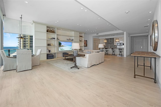 living room featuring light hardwood / wood-style flooring and a water view