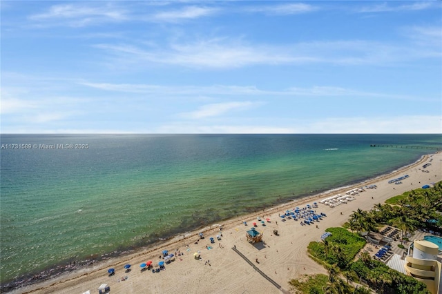 bird's eye view with a water view and a view of the beach